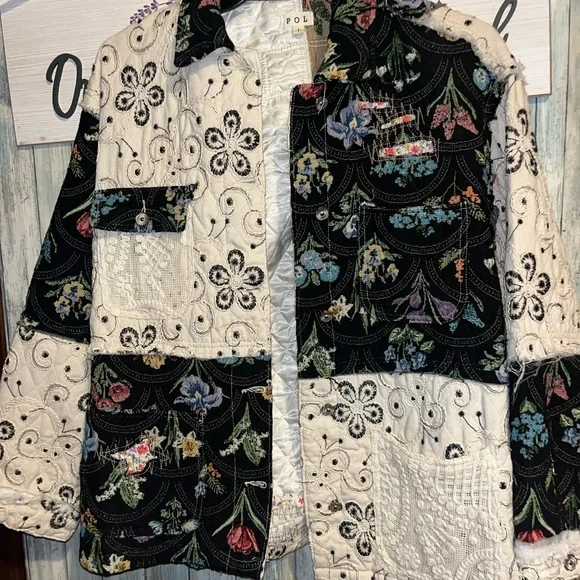 POL Large Floral Patchwork Jacket - Black and White - Picture 5 of 11